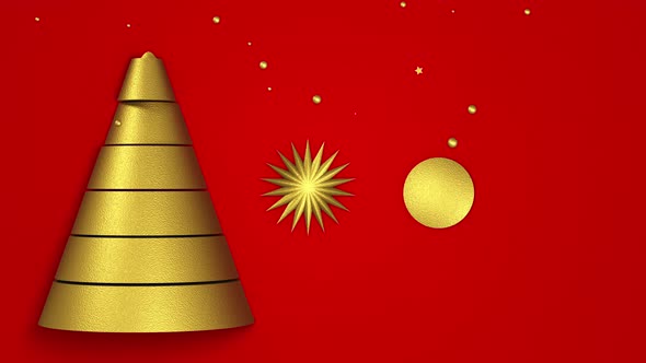 Christmas, abstract animation of a golden tree and snowflakes on a red background