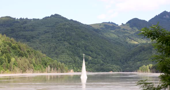 Sunken Church At The Flooded Geamana Village From Sunup To Sundown In Romania. timelapse alt