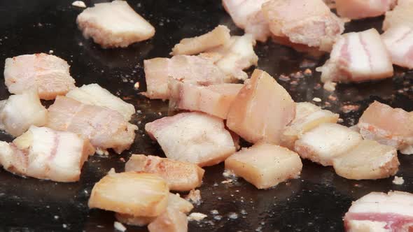 Small Pieces of Fat are Fried in a Large Frying Pan on Coals