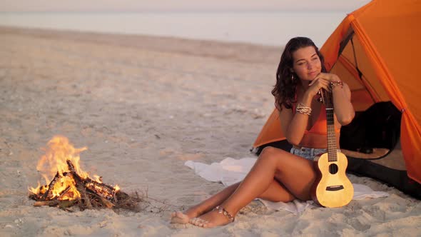 Woman with Ukulele Beach Summer Holiday Vacation alt