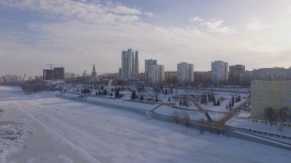 Epic Aerial Cityscape of Russian City Samara, Frozen Water on Volga River