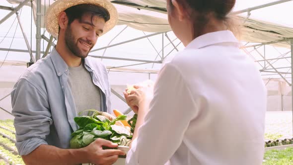 handheld asian female partner with caucasian farmer discussing about business in hydroponics alt