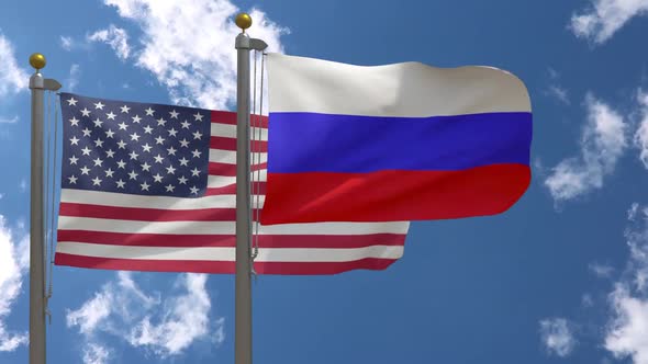 Usa Flag Vs Russia Flag On Flagpole alt