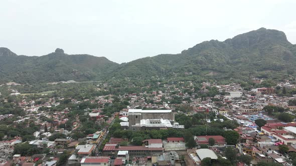 Frontal view of the town of tepoztlan and convent in Mexico alt
