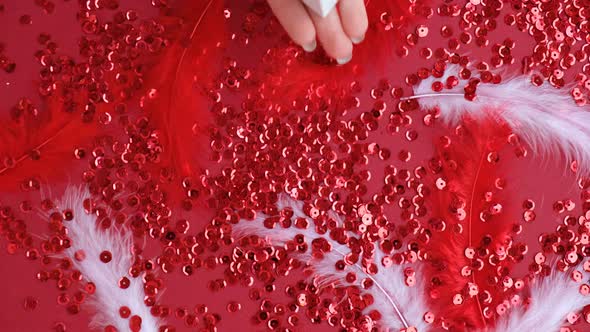 Female Hand Giving Gift Box Present on Festive Red Background alt