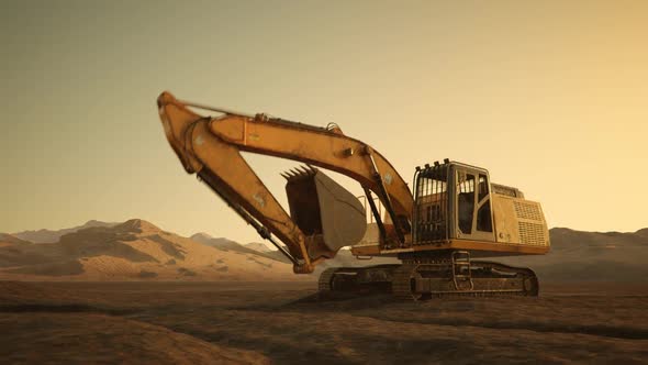 Big excavator machine working on an empty, dark, foggy construction site. 4KHD alt