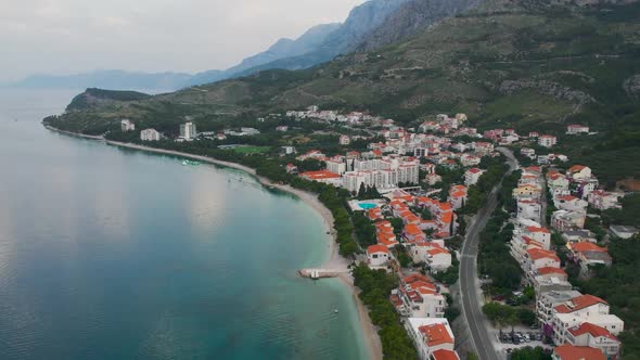 CROATIA  July 2021  Beautiful Aerial Over the Tucepi Coast Makarska Riviera in the Morning
