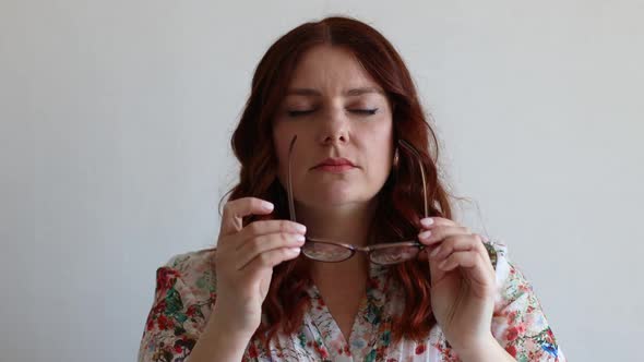Woman Feel Headache Migraine Take Off Eyewear Rub Nose Bridge