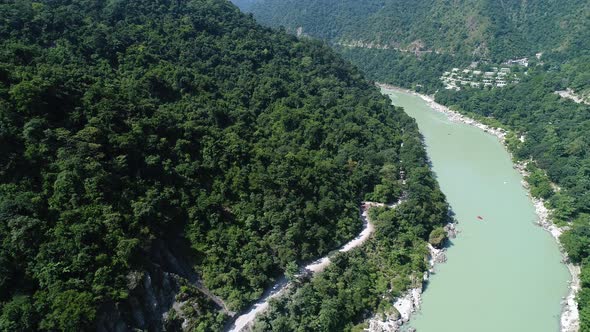 The Ganges river near Rishikesh state of Uttarakhand in India seen from the sky alt
