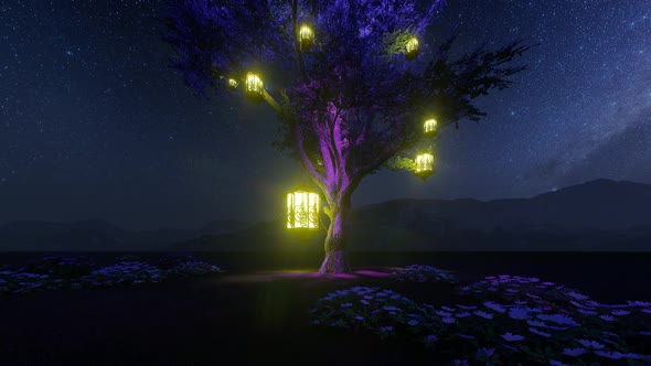 Illuminated Tree and Milky Way View