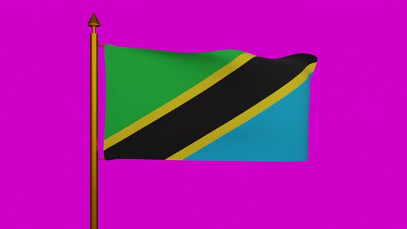 National flag of Tanzania waving with flagpole on chroma key, United Republic Tanzania flag textile alt
