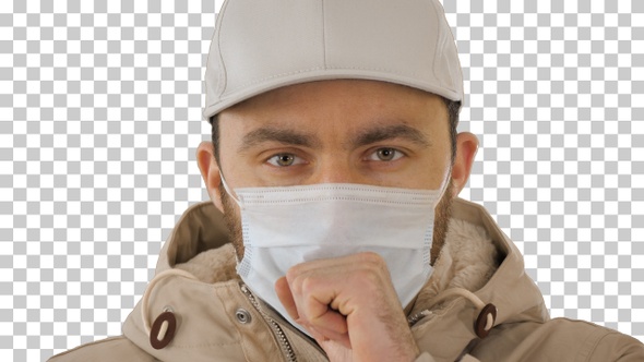 Coughing Casual Man in Medical Mask, Alpha Channel alt
