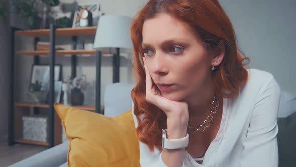 Close Up Depressed Woman Thinks About Psychological Problems Looking Away Alone alt