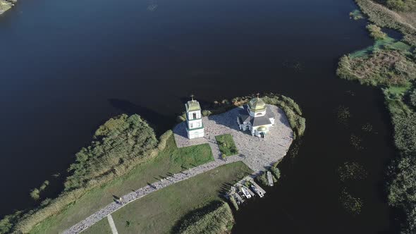 Aerial View of the Church of the Transfiguration of the Savior on an Island in the Middle of the