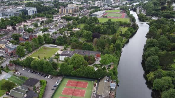 Fitzgeralds park and river Lee Cork Ireland drone aerial view alt