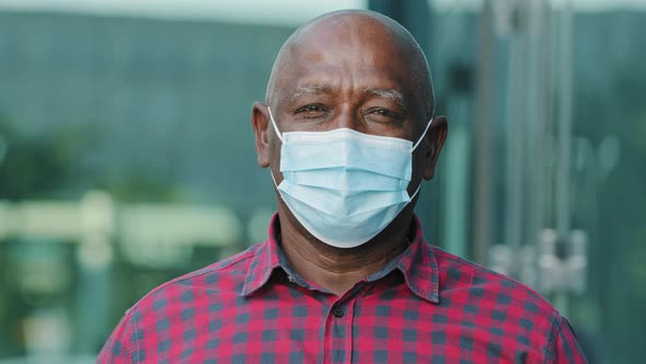 Closeup Front View Concerned Human Face Portrait Person Wear Facial Mask Retired Mature Man Pose alt