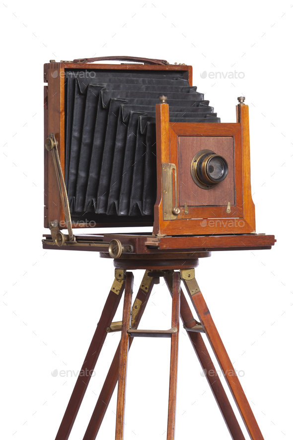 Refinery despise burst Antique bellows style camera on a tripod isolated on white Stock Photo by  DanThornberg
