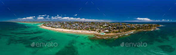 Aerial drone panoramic image of ocean waves on a Kings beach, Ca