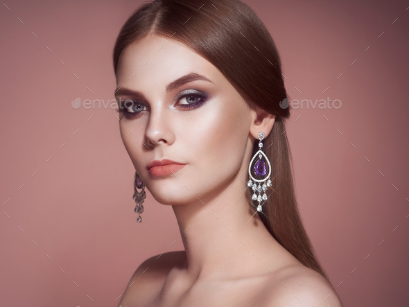 Brunette woman with long shiny smooth hair - Stock Photo - Images