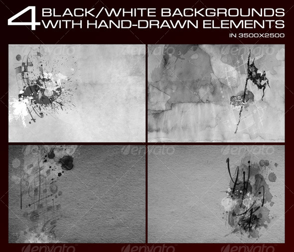 4 Black&White backgrounds with hand drawn elements