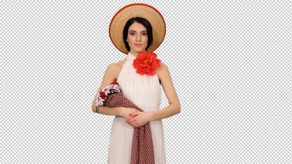 Cute Young Woman in White Gown and Straw Hat Standing with Flowers, Alpha Channel