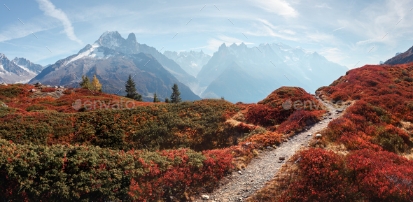 Amazing view on Monte Bianco mountains range with Monblan on background - Stock Photo - Images