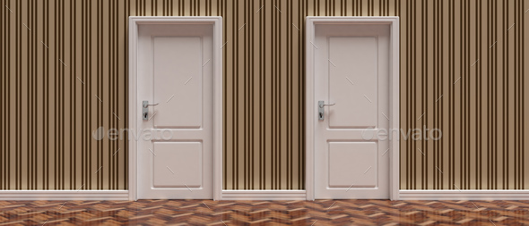 Two Closed Doors Against Vintage Wallpaper And Wooden Floor