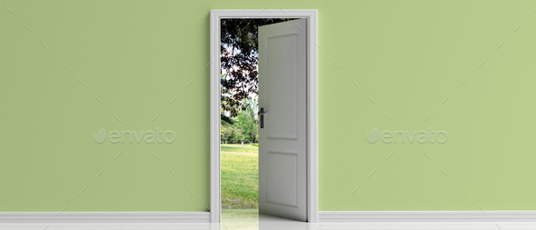 Open door on green pastel wall background, Park view out of the door opening,  3d illustration Stock Photo by rawf8