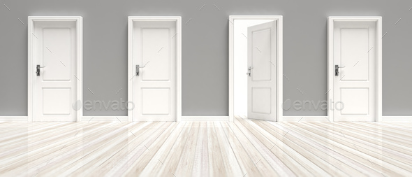 Closed and open doors on grey wall and white wooden floor background,  banner. 3d illustration Stock Photo by rawf8