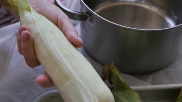 Woman Peeling Corn on the Cob Before Cooking Boiled Corn Indoors