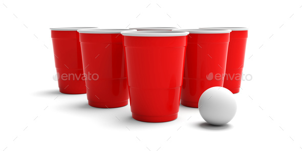 Beer Pong Red Plastic Cups And Ping Pong Ball Isolated On White