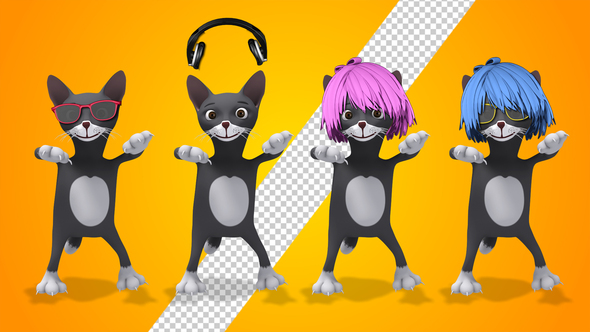 Dancing Kitty Cat In Pink Wig, Glasses And Headphones (4-Pack) by se5d