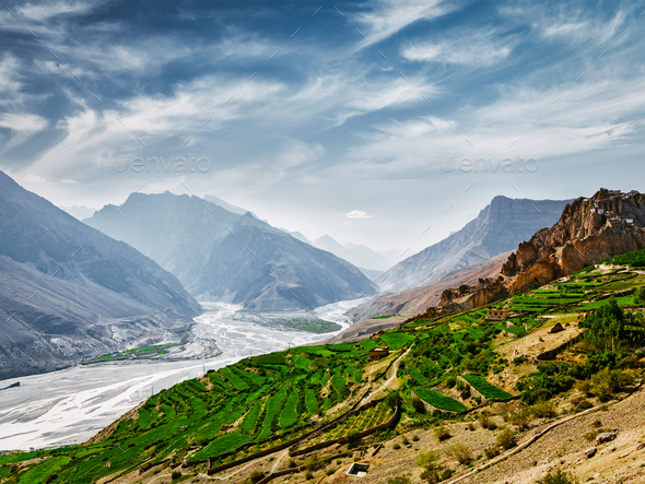Spiti valley and river in Himalayas - Stock Photo - Images