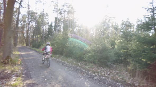 A Biker Drives a Motorcycle Down a Road Through a Forest