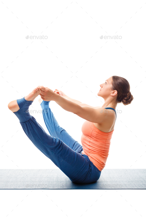 Woman Doing Ashtanga Vinyasa Yoga Asana Upavistha Konasana Stock Photo