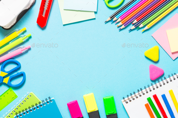 School and office supplies on blue background - Stock Photo - Images