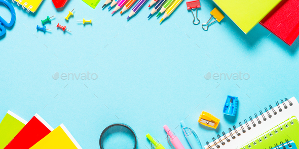 School and office supplies on blue background - Stock Photo - Images