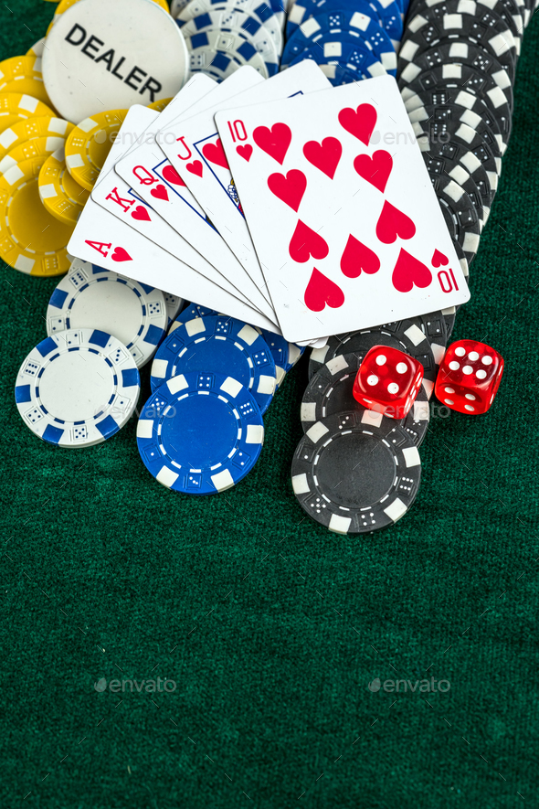 Gambling Red Dice Poker Cards and Coins - Stock Photo - Images