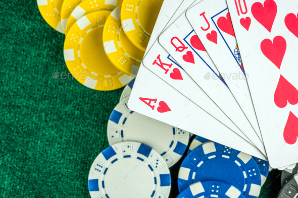 Gambling Poker Cards and Money Coins - Stock Photo - Images