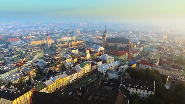 Aerial View of Krakow Historic Market Square, Poland, Central Europe at Morning.
