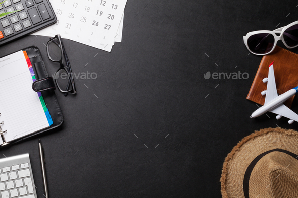 Business trip concept. Accessories on desk table - Stock Photo - Images