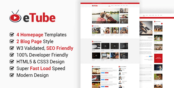 Extraordinary eTube - HTML5 Video Blog / Magazine / Entertainment Bootstrap 5 Template