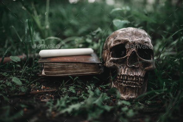 Black magic book with occult symbols and skull - Stock Photo - Images