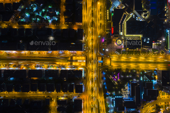 Aerial Night Vertical View Of City Street Traffic Buildings - Stock Photo - Images