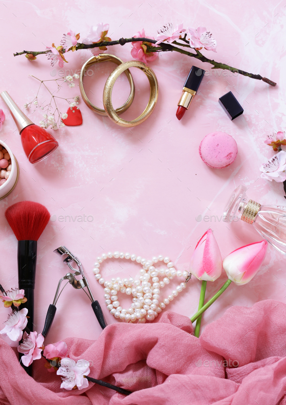 Pink Background with Cosmetics and Jewelry - Stock Photo - Images