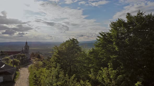 Amazing Panoramic Mountain Landscape View a Small Village in Carpathian Mountains Houses and Church alt