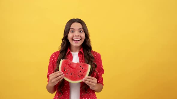 Happy Kid with Watermelon Fruit Slice on Yellow Background Vitamins