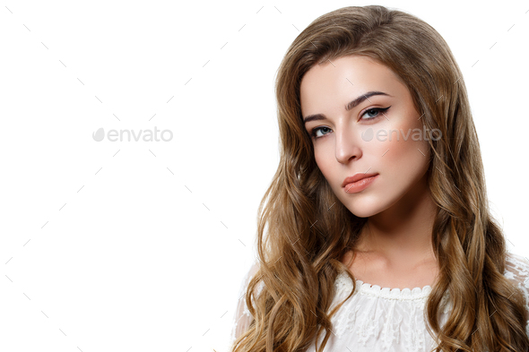 beautiful dark blonde girl with natural makeup isolated on white - Stock Photo - Images