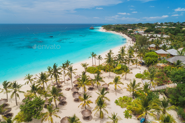 Aerial view of palms on the sandy beach of Indian Ocean at sunset - Stock Photo - Images