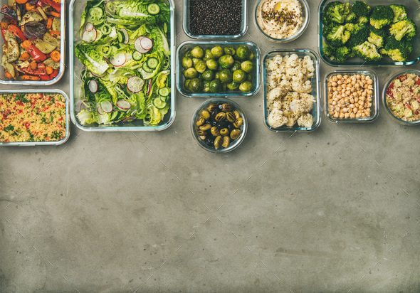 Various healthy vegan or vegetarian dishes in containers, copy space - Stock Photo - Images